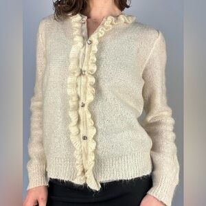 Cream Vintage Ruffle Trim Ultra Fine Wool Cardigan